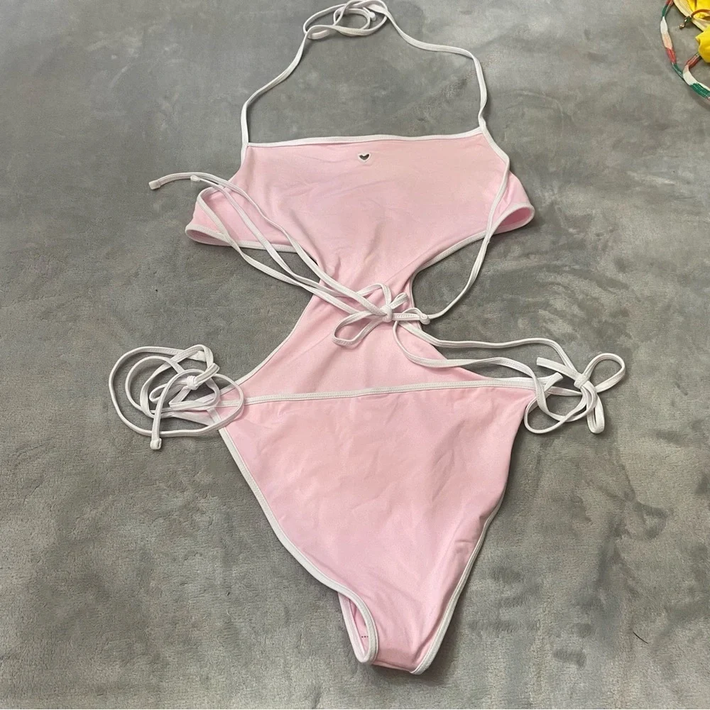 New! Frankie’s bikinis Amalia one piece monokini pink heart 24672